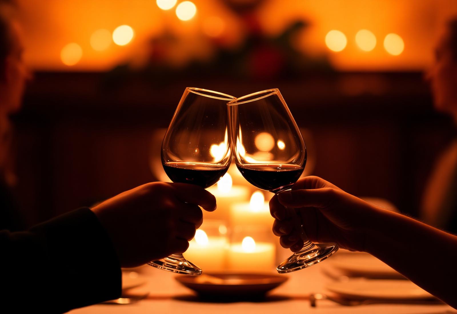 Two hands toasting wine glasses by candlelight