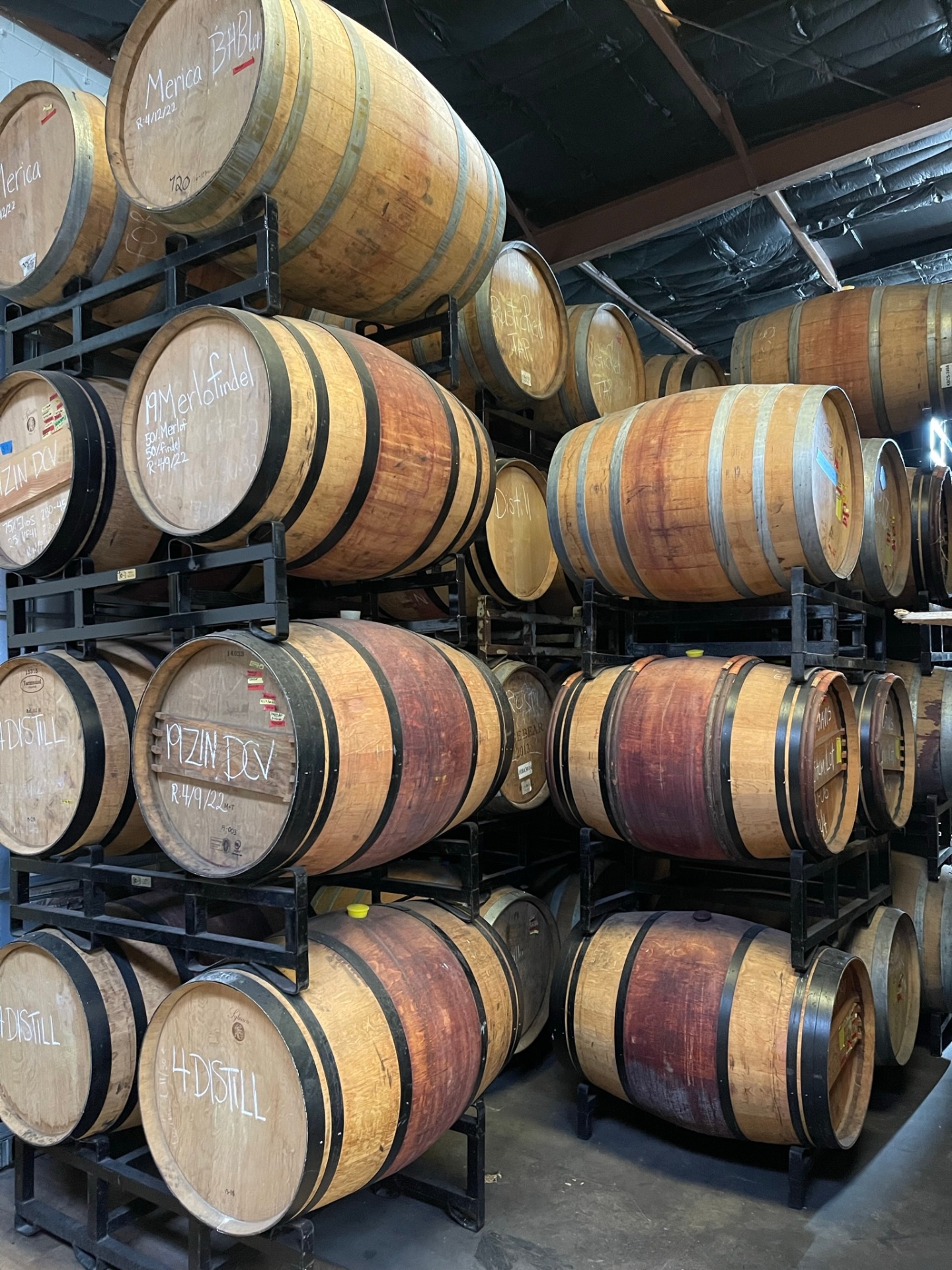 Stacks of oak barrels