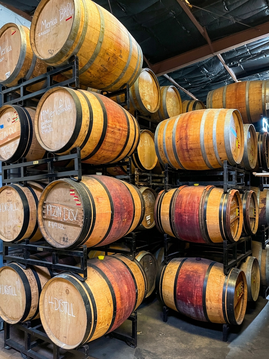 Stacks of oak barrels