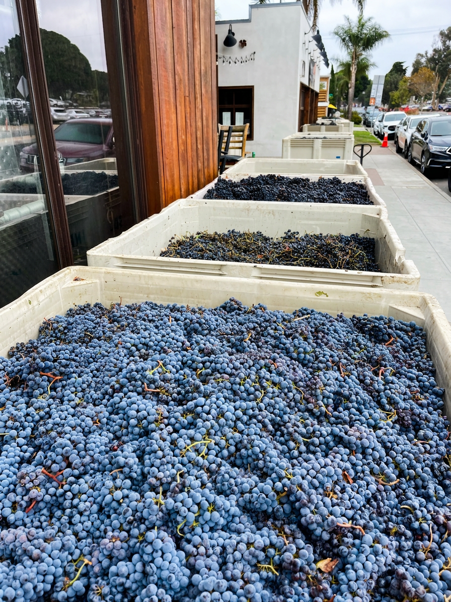Bins of freshly picked grapes