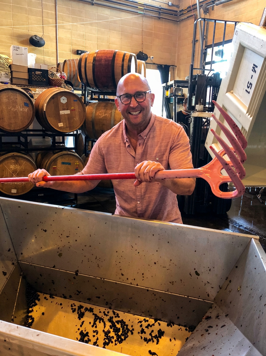 Ray punching down a tank of red wine in the cellar