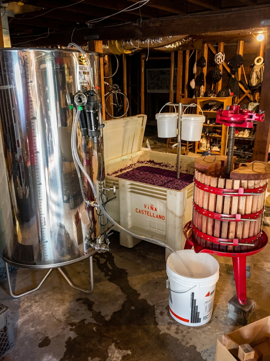 The original tiny tank, press, and fermentation bin in the basement